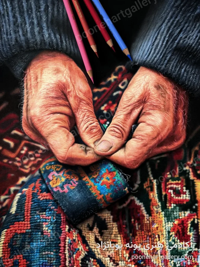 نقاشی مداد رنگی هایپررئال دست‌های پیرمرد روی قالی ایرانی